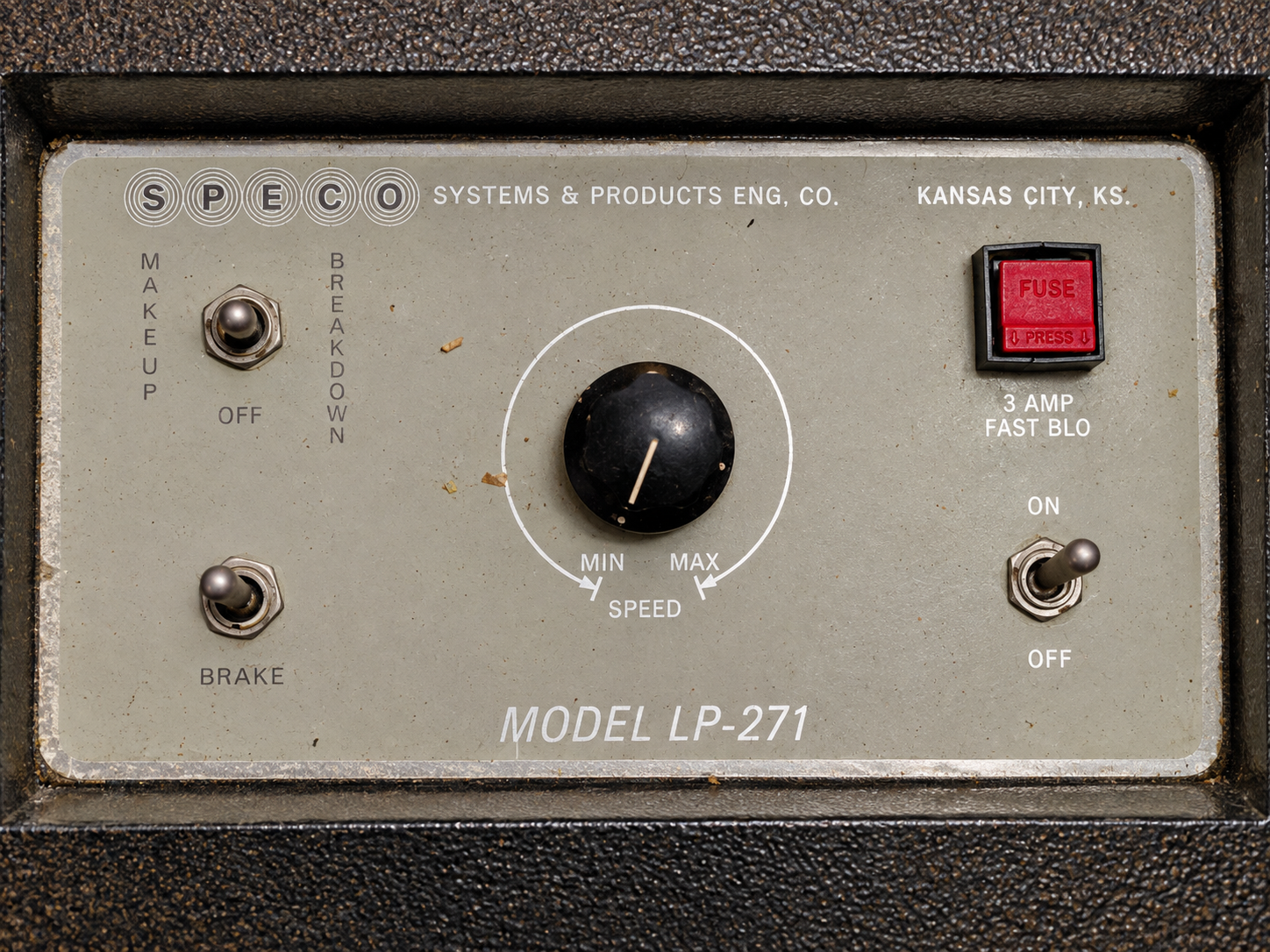 Control panel of the SPECO Model LP-271 film setup and breakdown table
