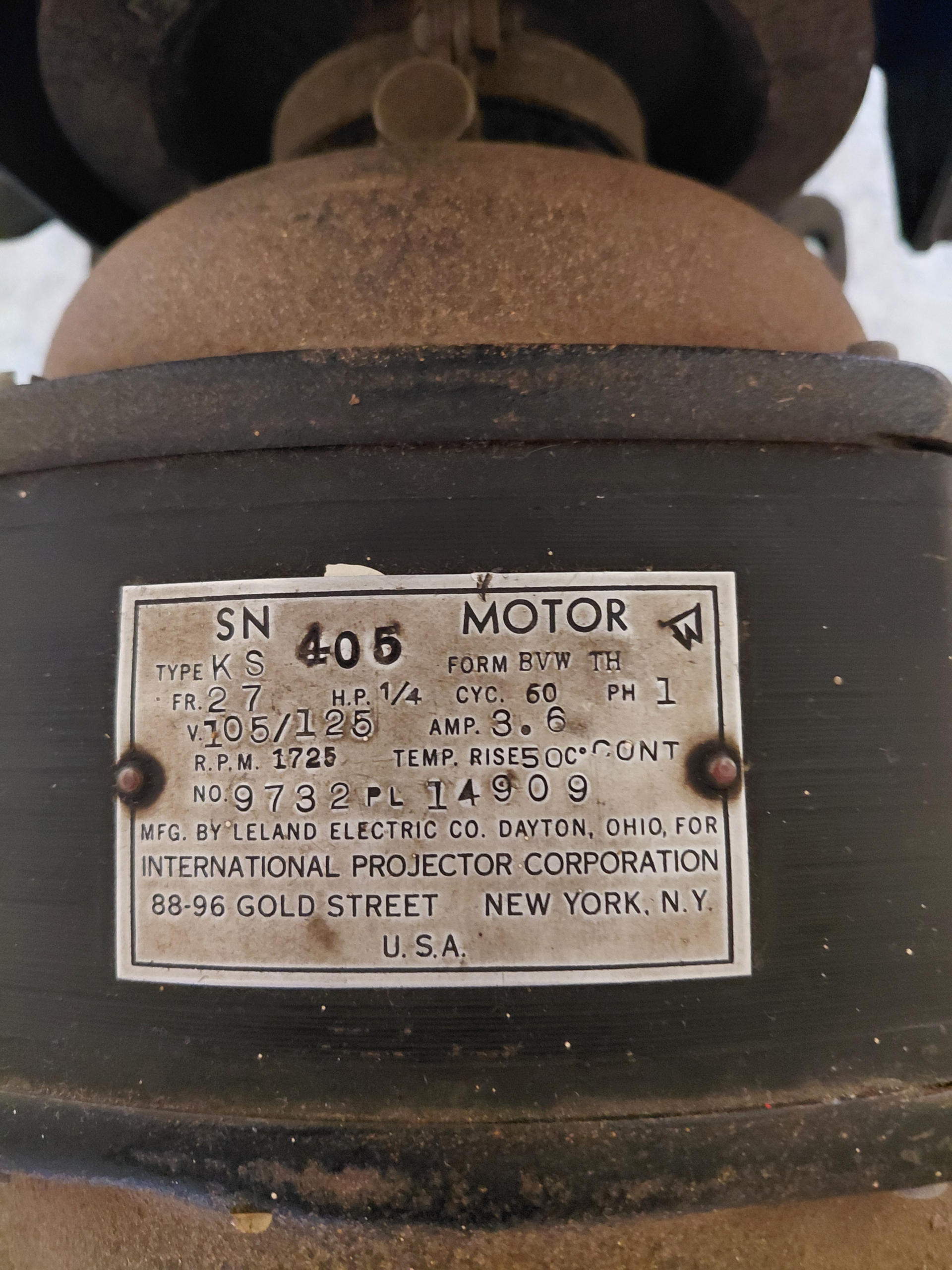 Motor identification plate on historic Tahqua Land Theatre projection equipment