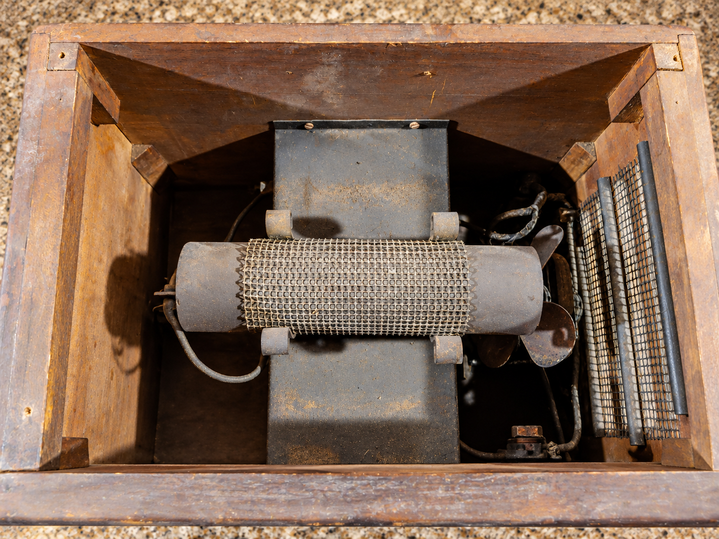 Interior view of vintage ozone generator showing its internal components and wiring