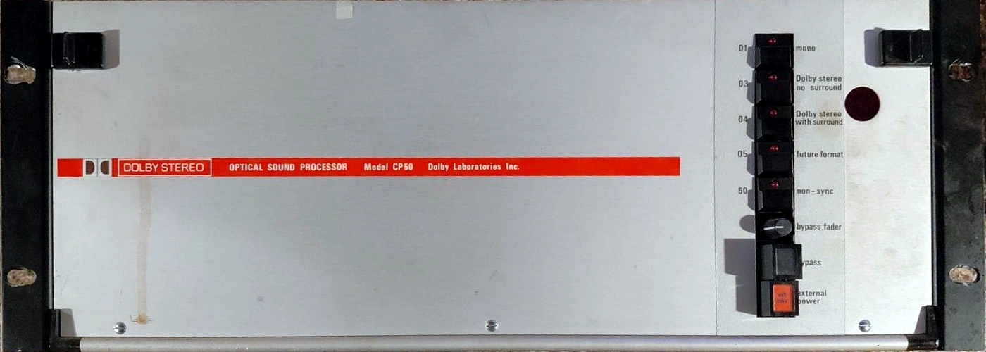 Front panel of a Dolby CP50 optical sound processor preserved at Tahqua Land Theatre